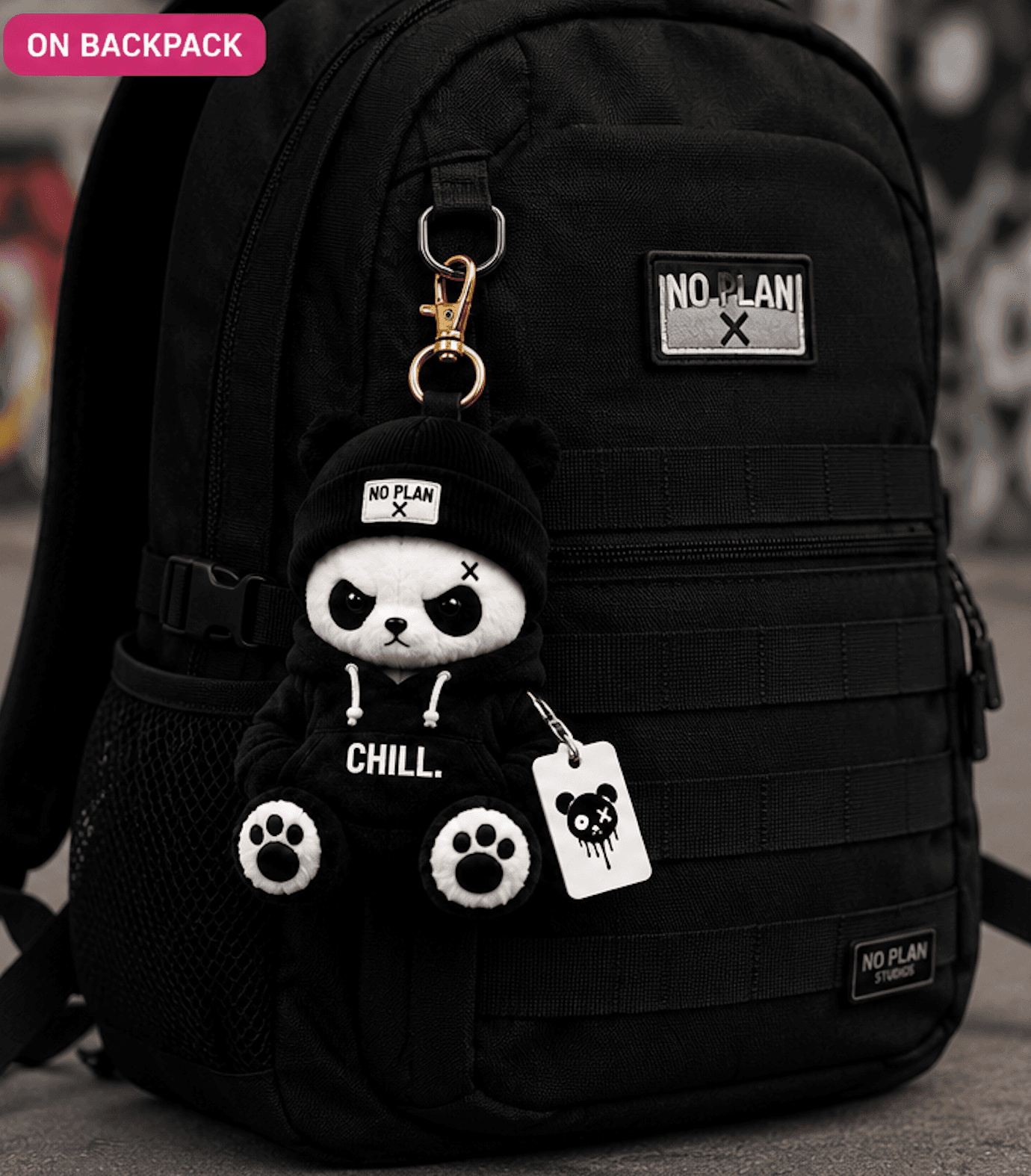 No Plan Panda on a backpack